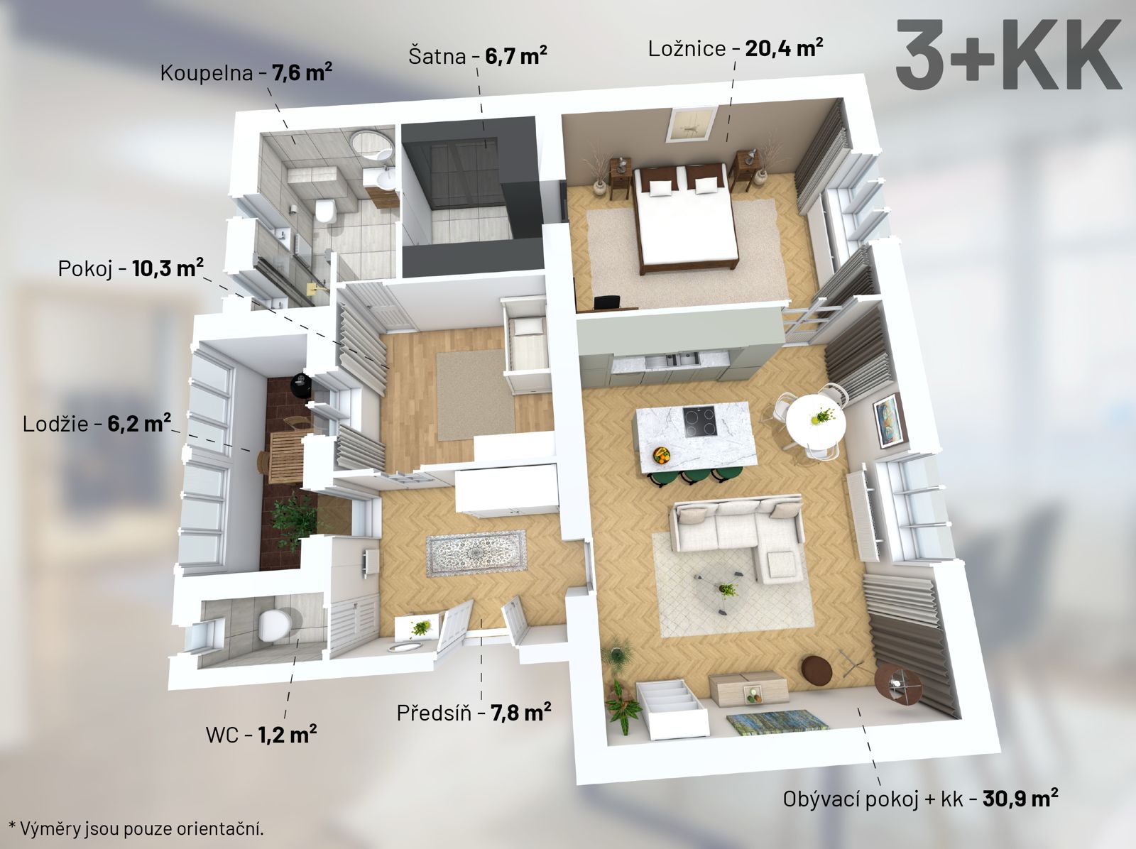 3D vizualizace dispozice bytu 3+kk